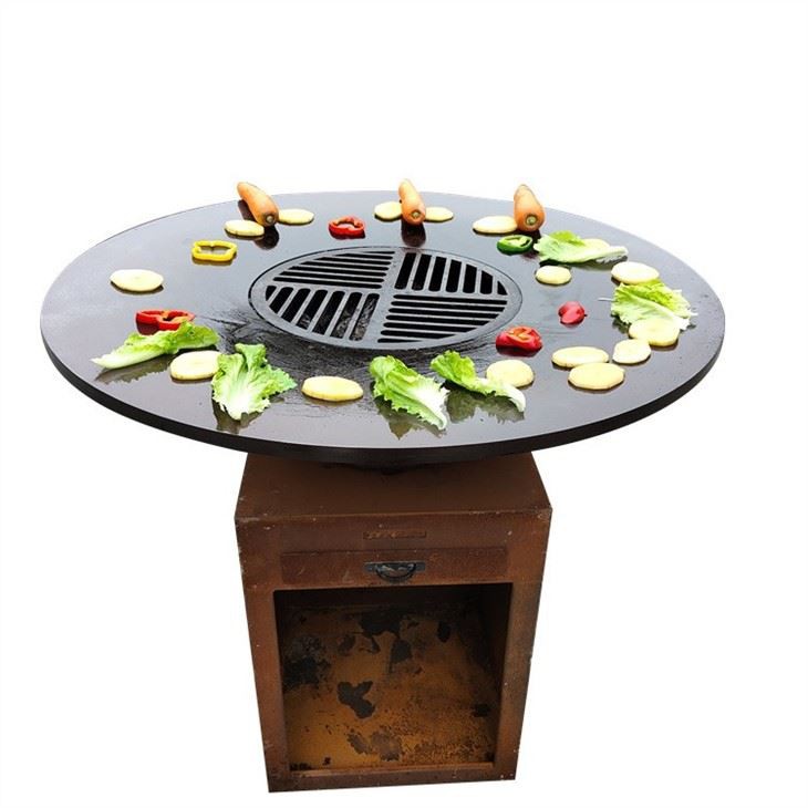 Corten Metal Fire Pit With Grill Table BBQ